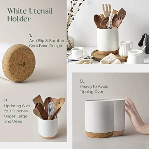 DOWAN Utensil Holder For Kitchen Counter, 7.5 Inches White Cooking Utensil Holder With Thicken Recycled Wooden Cork Mat, DIY Gifts For Moms And Grandma, Kitchen Decor, 2 DOWAN Utensil Holder For Kitchen Counter, 7.5 Inches White Cooking Utensil Holder With Thicken Recycled Wooden Cork Mat, DIY Gifts For Moms And Grandma, Kitchen Decor, - Image 2