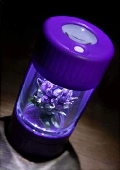 LED Glass 8X Magnifying Jar With Built In Herb Grinder And Pipe. The Ultimate Container (Light Blue)