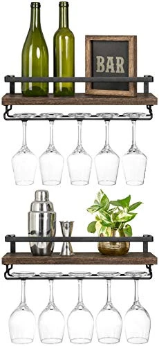 Wall Mounted Wine Rack Set Of 2 Wood Rustic Wine Bottle Glass Floating Shelves With Stemware Hanger Modern Plants Photos Wine Display Storage Holder For Kitchen Dining Room Bar, 17 Inch