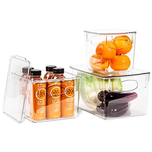 3 Pack Premium Plastic Storage Bins - Sturdy Refrigerator Pantry Organizer - Versatile Lightweight Stackable Cabinet Organization - Bath, Makeup, Food, & Snack Packet Organizer- Clear Square Bin 1 3 Pack Premium Plastic Storage Bins - Sturdy Refrigerator Pantry Organizer - Versatile Lightweight Stackable Cabinet Organization - Bath, Makeup, Food, & Snack Packet Organizer- Clear Square Bin