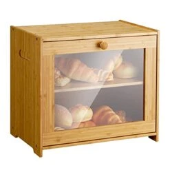 Bread Box For Kitchen Countertop, Bamboo Storage Box With 2 Adjustable Layer, Large Capacity Bread Box With Acrylic Glass Window, Bread Storage Bin For Kitchen(Self-Assembly)
