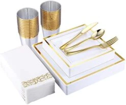 175 Piece Rose Gold Dinnerware Set 25 Guest-50 Square Plastic Plates-25 Rose Gold Plastic Silverware-25 Plastic Cups-25 Linen Like Rose Gold Paper Napkins, FOCUSLINE Disposable Dinnerware Set -Peugeot Shop 41NGUySx4bL. AC