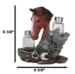 Country Western Chestnut Brown Stallion Horse By Farm Wagon Wheel Lasso Horseshoes Salt And Pepper Shakers Holder Figurine Set 6.25"High Old Fashioned Rustic Decor Statue (Chestnut Brown)