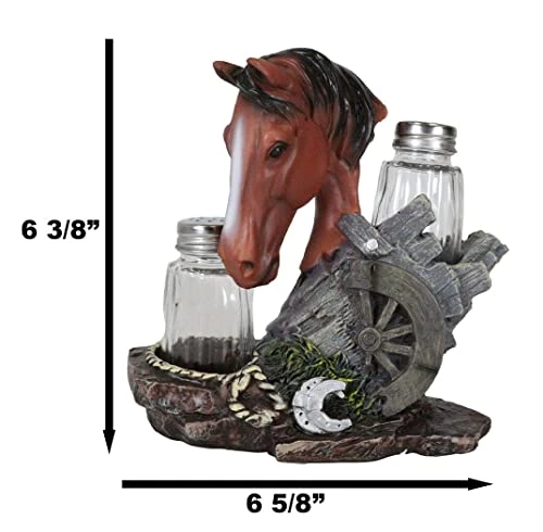 Country Western Chestnut Brown Stallion Horse By Farm Wagon Wheel Lasso Horseshoes Salt And Pepper Shakers Holder Figurine Set 6.25"High Old Fashioned Rustic Decor Statue (Chestnut Brown) 1 Country Western Chestnut Brown Stallion Horse By Farm Wagon Wheel Lasso Horseshoes Salt And Pepper Shakers Holder Figurine Set 6.25"High Old Fashioned Rustic Decor Statue (Chestnut Brown)