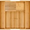 Bamboo Silverware Drawer Organizer Kitchen, Expandable Utensil Holder And Cutlery Tray With Divider | 13"-21.6" Flatware Storage And Removable Knife Block