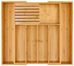 Bamboo Silverware Drawer Organizer Kitchen, Expandable Utensil Holder And Cutlery Tray With Divider | 13"-21.6" Flatware Storage And Removable Knife Block