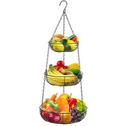 Avy Duty 3-Tier Hanging Fruit And Vegetable Basket With 2 Metal Ceiling Hooks, Black