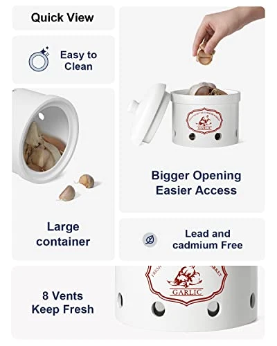 Garlic Keeper, 5 Inch Vented Ceramic Storage Container Holder, Reserve For Garlic, Onion, Lemon, Patato, Ginger Or Shallots, 1 Pack, White 2 Garlic Keeper, 5 Inch Vented Ceramic Storage Container Holder, Reserve For Garlic, Onion, Lemon, Patato, Ginger Or Shallots, 1 Pack, White - Image 2