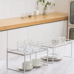 Shantton 2 Pack Kitchen Cabinet Shelf Counter Organizer Rack Pantry Storage Bathroom Bedroom Office Table Desk Space Saving Steel Frame Stackable Rust Resistant Non Slip White -Peugeot Shop 41PRig7CvHS