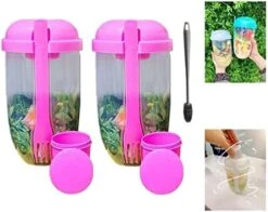 Zkosieng 2022 Keep Fit Salad Meal Shaker Cup With Fork And Dressing Holder, Fresh Washing Brush, Health Container, Portable Vegetable Breakfast To Take Away. (E-Pink+Green), 7.48×4.33×4.33in -Peugeot Shop 41PVR0v5AL. AC