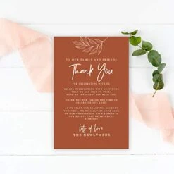 Andaz Press Terracotta Wedding Thank You Place Setting Cards For Table Reception, Dinner Plates, Wedding Favor Decoration Seating Settings For Guests, Family, Friends, 56-Pack, 4 X 6-Inch