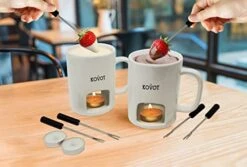 Personal Fondue Mugs Set Of 2 | Ceramic Mugs For Chocolate Or Cheese | Includes Forks And Tealights| Double Vented (White) -Peugeot Shop 41PqgutAlCL