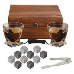 Bourbon Whiskey Stones Gift Set, Includes 2 CycloneGlass, 10 Chilling Stones, Velvet Carry Bag, Stainless Steel Tongs, Wine Stopper In Superior Wooden Boxes For Father's Day, Retirement Gifts