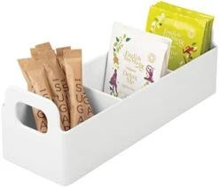 MDesign Plastic Condiment Organizer And Tea Bag Holder - 9" Long Kitchen Pantry/Countertop Storage Caddy - Divided Chip, Snack, Granola, Oatmeal Packet Holder - Lumiere Collection - White -Peugeot Shop 41QAzVks1HL. AC