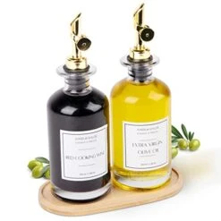 IARA & KHLOE Olive Oil Dispenser Bottle For Kitchen - Olive Oil And Vinegar Dispenser Set - Oil Bottles With Oil Dispenser Spout And Bamboo Tray, Cooking Oil Dispenser Bottles With Waterproof Labels