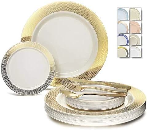 " OCCASIONS " 600 Pcs Set & 120 Guest Wedding Disposable Plastic Plate & Silverware Combo Set (Ivory & Gold Rim Plates, Gold Silverware) 15 " OCCASIONS " 600 Pcs Set & 120 Guest Wedding Disposable Plastic Plate & Silverware Combo Set (Ivory & Gold Rim Plates, Gold Silverware) - Image 15