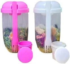 Keep Fit Salad Meal Shaker Cup,Fresh Salad Cup To Go,Portable Fruit And Vegetable Salad Cups Container With Fork & Salad Dressing Holder (Pink + Green) -Peugeot Shop 41QaMbrG5eL. AC