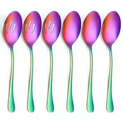 6-Piece Large Rainbow Serving Spoons, Rainbow Slotted Serving Spoons, 9.8Inch Stainless Steel Serving Utensils For Party Buffet Restaurant Banquet Dinner Catering, Dishwasher Safe