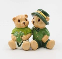 Fine Ceramic Irish St. Patrick Teddy Bear With Shamrock Prints Design Salt & Pepper Shakers Set, 3-1/2"