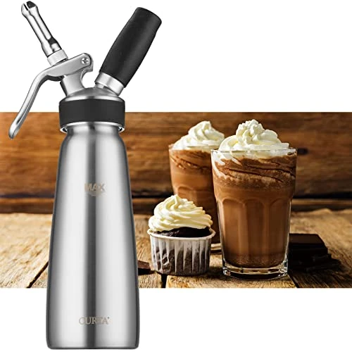 CURTA Professional Whipped Cream Dispenser, 18-8 Stainless Steel Food Grade Cream Whipper, Cream Maker With 3 Decorating Stainless Steel Nozzles, 500ml / 1 Pint Canister, N2O Chargers (Not Included) 1 CURTA Professional Whipped Cream Dispenser, 18-8 Stainless Steel Food Grade Cream Whipper, Cream Maker With 3 Decorating Stainless Steel Nozzles, 500ml / 1 Pint Canister, N2O Chargers (Not Included)