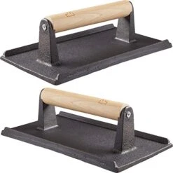 Pro Grade, Pre Seasoned Cast Iron Grill Weight 2Pk. Heavy Duty Steak And Burger Press With Wooden Handle For Grills, Griddles And Flattops. Perfect Gadget For Bacon, Paninis, Sandwiches And Vegetables