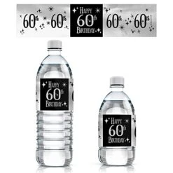 Black And Silver 60th Birthday Water Bottle Labels - Shiny Foil - 24 Stickers