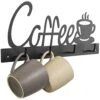 Black Metal Coffee Mug Rack Wall Mounted Holder With 4 Hooks And Coffee Word Sign And Cup Cutout Design