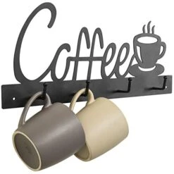 Black Metal Coffee Mug Rack Wall Mounted Holder With 4 Hooks And Coffee Word Sign And Cup Cutout Design