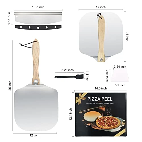 Premium Pizza Peel 4-Piece - 12"x14" Pizza Paddle With Foldable Handle For Storage & 14" Pizza Cutter & Gourmet Pizza Oven Accessory Set For Homemade Pizza Bread, Baking 1 Premium Pizza Peel 4-Piece - 12"x14" Pizza Paddle With Foldable Handle For Storage & 14" Pizza Cutter & Gourmet Pizza Oven Accessory Set For Homemade Pizza Bread, Baking