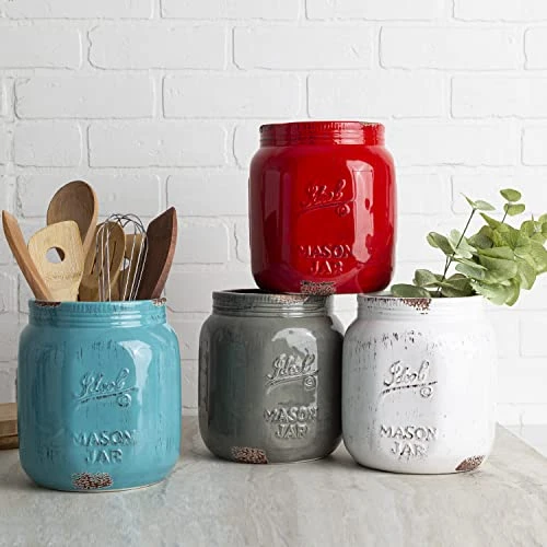 Extra-Large Kitchen Utensil Holder - 7.8” Mason Jar Ceramic Kitchenware Caddy For Farmhouse Kitchen Decor, Dishwasher Safe, Wide Opening Vintage Utensil Crock Countertop Organizer - Aqua 2 Extra-Large Kitchen Utensil Holder - 7.8” Mason Jar Ceramic Kitchenware Caddy For Farmhouse Kitchen Decor, Dishwasher Safe, Wide Opening Vintage Utensil Crock Countertop Organizer - Aqua - Image 2