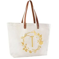 ELEGANTPARK Monogrammed Gifts For Women Canvas Tote Bag Personalized Birthday Gifts Bag Present Bag For Mom Friend Sister Teacher Bridesmaid Graduation Gifts Bag With Pocket Initial T Letter