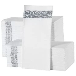 Elinnee Disposable Hand Towels For Bathroom, 200 Linen-Feel Decorative Paper Guest Towels, Soft And Absorbent Paper Napkin For Kitchen, Wedding, Party, Dinner, Or Event, White And Silver