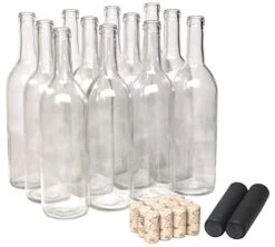 750ml Glass Bordeaux Wine Bottle Flat-Bottomed Cork Finish - With #8 Premium Natural Corks & PVC Shrink Capsules - Case Of 12