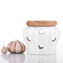 Garlic Keeper Vented Ceramic Storage Container White Stoneware With Bamboo Lid