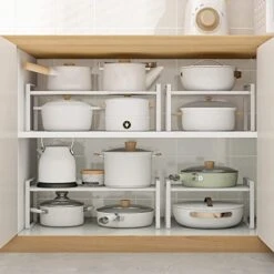 2 Tier Expandable Cabinet Shelf Organizer Over The Sink Storage Rack 2 Tier Adjustable Countertop For Kitchen Bathroom Pantry Spice Cupboard Dish Cup Bottle Pot Metal Plate Heavy Duty Nonslip(Black) -Peugeot Shop 41SdxagTqfL