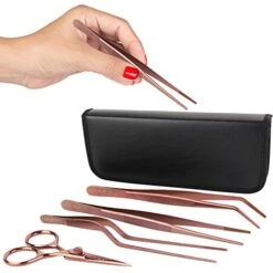Reme Set Of Culinary Tweezer Tongs 8 Inch Straight, 8 Inch Offset And 8 Inch Curved, Plus Super Sharp Chef Scissors, Total 4 Pieces (Rose Gold)