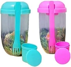 Keep Fit Salad Meal Shaker Cup,Fresh Salad Cup To Go,Portable Fruit And Vegetable Salad Cups Container With Fork & Salad Dressing Holder (Pink + Green) -Peugeot Shop 41T48 uqC0L. AC