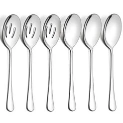6 Pack Serving Spoons Set, 3 Large Serving Spoons, 3 Slotted Serving Spoons, Stainless Steel Buffet Dinner Restaurant Serving Spoons Set, Catering Serving Utensils For Party Banquet, 9.8 Inch