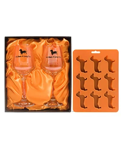 Dachshund Gifts Set With 2 Dachshund Wine Glasses And Weenie Dog Ice Cube Tray, Perfect For The Weiner Dog Lover - Gift Box (Black) 1 Dachshund Gifts Set With 2 Dachshund Wine Glasses And Weenie Dog Ice Cube Tray, Perfect For The Weiner Dog Lover - Gift Box (Black)