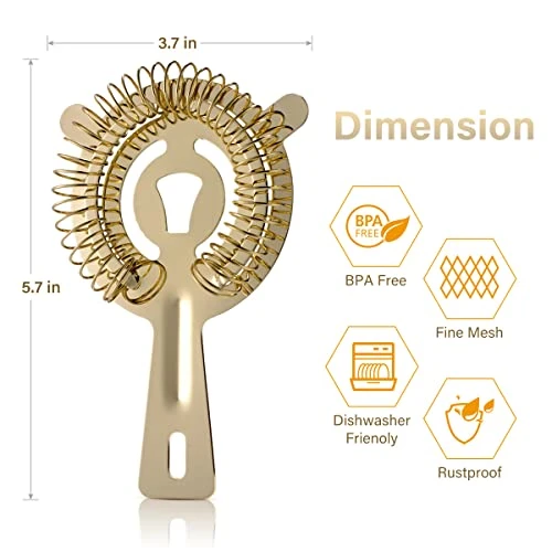 Hawthorne Strainer - Stainless Steel Cocktail Strainer With High-Density Spring, Bartenders Tool - Drink Strainers For Boston Shakers & Mixing Glasses (Gold) 2 Hawthorne Strainer - Stainless Steel Cocktail Strainer With High-Density Spring, Bartenders Tool - Drink Strainers For Boston Shakers & Mixing Glasses (Gold) - Image 2