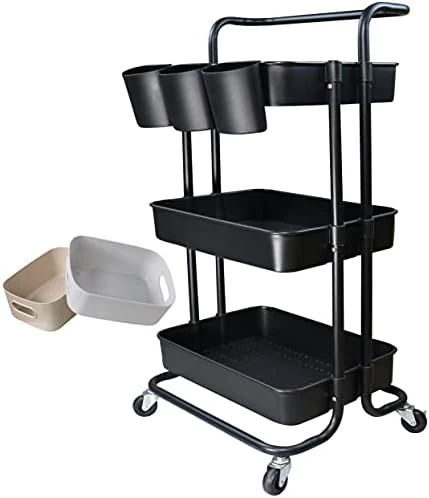 Freletry 3 Tier Utility Rolling Cart Storage Organizer Shelf Rack With 3PCS Hanging Cups + 8PCS Hooks + 2PCS Storage Box For Home Office Kitchen Bathroom Storage (Pink 3 Cup+8 Hook+2 Storage Box) 2 Freletry 3 Tier Utility Rolling Cart Storage Organizer Shelf Rack With 3PCS Hanging Cups + 8PCS Hooks + 2PCS Storage Box For Home Office Kitchen Bathroom Storage (Pink 3 Cup+8 Hook+2 Storage Box) - Image 2