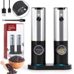 Battery Operated Gravity Electric Salt And Pepper Grinder Mill Set With White Light Stainless Steel One Hand Automatic Operation Refillable With Adjustable Coarseness (Black&white,2 Pack) -Peugeot Shop 41Tcf3B8l6L. AC