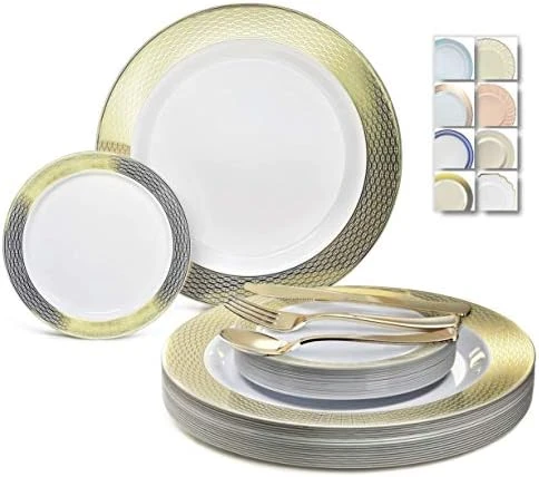 " OCCASIONS " 600 Pcs Set & 120 Guest Wedding Disposable Plastic Plate & Silverware Combo Set (Ivory & Gold Rim Plates, Gold Silverware) 10 " OCCASIONS " 600 Pcs Set & 120 Guest Wedding Disposable Plastic Plate & Silverware Combo Set (Ivory & Gold Rim Plates, Gold Silverware) - Image 10