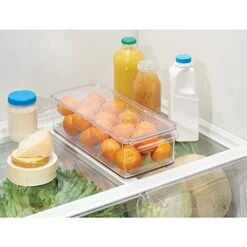 MDesign Slim Plastic Food Storage Container Bin With Lid And Front Handle For Kitchen, Pantry, Cabinet, Fridge And Freezer - Organizer For Snacks, Produce, Vegetables, Pasta, Drinks - Clear -Peugeot Shop 41TfiPURg0L