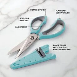 Sabatier 5-in-1 Multi-Purpose Soft-Grip Scissors With Edgekeeper Built-In Sharpener Blade Cover, All-in-1 Heavy-Duty Scissors With Flathead Screwdriver, Jar Opener, Bottle Opener, 9.5-Inch, Aqua -Peugeot Shop 41TsMt6US6L