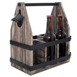 Rustic Solid Torched Wood 6 Slot Beverage Bottle Carrier Beer Caddy With Napkin Holder, Built-In Bottle Opener And Black Metal Side Accents