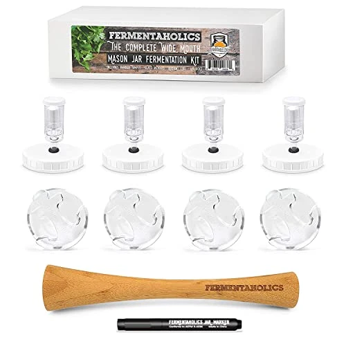 Mason Jar Fermentation Kit | Wide Mouth Jar Lacto-Fermentation Pickling Kit |Includes 4 Fermentation Lids, 4 Fermentation Glass Weights, Bamboo Sauerkraut Tamper, & Wet Erase Glass Marker 1 Mason Jar Fermentation Kit | Wide Mouth Jar Lacto-Fermentation Pickling Kit |Includes 4 Fermentation Lids, 4 Fermentation Glass Weights, Bamboo Sauerkraut Tamper, & Wet Erase Glass Marker