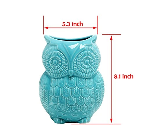 Aqua Blue Owl Shaped Ceramic Kitchen Crock Utensil Holder, 8 Inch Multipurpose Storage Jar Vase Canister, Art Brush Holder 6 Aqua Blue Owl Shaped Ceramic Kitchen Crock Utensil Holder, 8 Inch Multipurpose Storage Jar Vase Canister, Art Brush Holder - Image 6