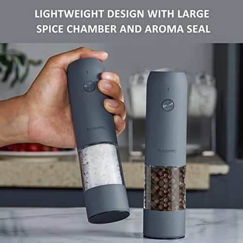 Electric Salt And Pepper Grinder Set With USB Rechargeable, Automatic One Hand Operation With Adjustable Coarseness, Pepper Mill Grinder Refillable With LED Light, Kitchen Gadgets (2 Packs, Blue-Grey) 3 Electric Salt And Pepper Grinder Set With USB Rechargeable, Automatic One Hand Operation With Adjustable Coarseness, Pepper Mill Grinder Refillable With LED Light, Kitchen Gadgets (2 Packs, Blue-Grey) - Image 3