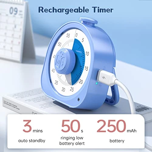Timer Rechargeable ZZWS 60 Minute Visual Timer Desk Countdown Time Clock For Kids And Adults, Kitchen Timer Cooking Pomodoro Timer Productivity, Time Management Tool For Teaching Classroom (Blue) 2 Timer Rechargeable ZZWS 60 Minute Visual Timer Desk Countdown Time Clock For Kids And Adults, Kitchen Timer Cooking Pomodoro Timer Productivity, Time Management Tool For Teaching Classroom (Blue) - Image 2